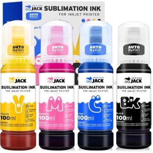 image:imagePrinters Jack 4x100ml Sublimation Ink Auto Refill for Supertank Printers ET2800 ET15000 ET2720 ET4700 ET2760 ET3760 ET4760 ET2700 ET2750 ET4750 L3110 L3150 Upgrade VersionFree ICC PrintingBlackCyanMagentaYellow