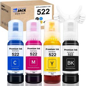 image:imagePrinters Jack Ink Refill Compatible for 502 T502 Bottles Replacement for EcoTank ET2750 ET3750 ET4750 ET2760 ET3760 ET4760 ET2700 ET3700 ET3710 ET15000 ST2000 ST3000 ST4000 Printer1 Black  1 Cyan  1 Magenta  1 Yellow