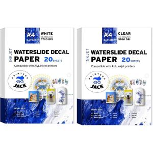 image:imagePrinters jack Water Slide Decal Paper Inkjet CLEAR and WHITE 40 Sheets A4 Size Premium WaterSlide Transfer Paper Printable Water Slide Decals for Tumblers Mugs Glasses DIY